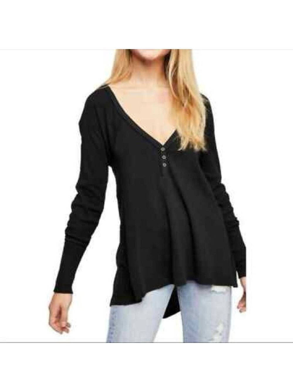We The Free Citrine Waffle Knit Tee Women’s S Black Long Sleeve V-Neck